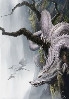 an image of a dragon flying in the sky with other birds nearby on a cliff