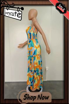 Summer Printing Strapless Pleated Maxi Dresses Yellow Strapless Dress For Beach Season, Strapless Yellow Dress For Beach Season, Casual Yellow Strapless Maxi Dress, Yellow Strapless Casual Maxi Dress, Yellow Strapless Maxi Dress For Vacation, Yellow Strapless Beach Dress, Yellow Sleeveless Tube Top For Vacation, Summer Strapless Orange Maxi Dress, Orange Strapless Maxi Dress For Summer