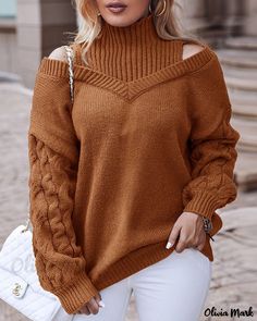 Color: brown, Size: XL(12) Tejido Aesthetic, Knitted Sweater Pattern, Winter Outfits Aesthetic, Sweater Fabric, Winter Outfit Inspiration, Cold Shoulder Sweater, Sweater Material, Brown Sweater, Winter Outfits Women