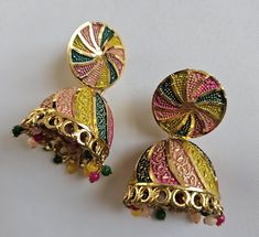 Indian Gold and Multicolor Jhumka Earrings; Light weight Multicolor Latkans Jhumkas For Navratri, Multicolor Bollywood Danglers For Navratri, Bollywood Style Multicolor Danglers For Navratri, Bollywood Multicolor Danglers For Navratri, Multicolor Bollywood Jhumkas With Latkans, Multicolor Jhumkas With Latkans For Festivals, Multicolor Latkans Jhumkas For Festivals, Multicolor Chandbali Jhumkas For Navratri, Multicolor Chandbali Jhumkas For Festive Occasions