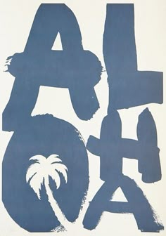 a blue and white poster with the word ao on it's back side, in front of a palm tree