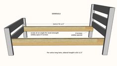 a bed frame with measurements for the headboard and foot board on top of it