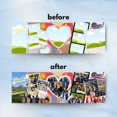 two horizontal banners with different photos and the words before and after it is cut out