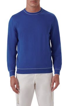 Contrast trim highlights the ribbed neck, cuffs and hem of a lightweight crewneck sweater knit in a breathable cotton blend. 28" length; 44" chest Crewneck Long sleeves Ribbed cuffs and hem 90% cotton, 10% nylon Dry clean Made in Turkey Blue Crew Neck Sweater With Ribbed Neckline, Blue Sweatshirt With Ribbed Neckline For Spring, Blue Crew Sweater With Ribbed Neckline, Casual Winter Sweater With Contrast Trim, Casual Sweater With Contrast Trim For Fall, Casual Fall Sweater With Contrast Trim, Casual Crew Fine Knit Sweater, Casual Fine Knit Crew Sweater, Stretch Sweater With Ribbed Collar And Crew Neck