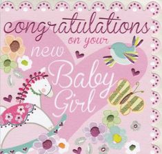 congratulations card for a baby girl with a horse and flowers on the front, in pink