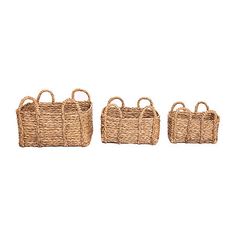 three woven baskets with handles and handles