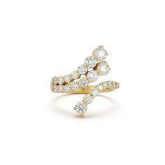 a yellow gold ring with diamonds on the top and bottom, set against a white background