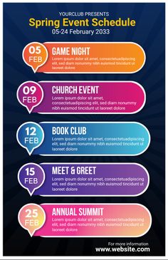 an event schedule for the upcoming year with colorful speech bubbles and numbers in different colors