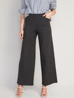 High-Waisted Heathered Pull-On Pixie Wide-Leg Pants for Women | Old Navy Loose Work Pants, Dress Pants For Curvy Women, Old Navy Pixie Pants Outfit, Petite Wide Leg Pants, Stretchy Work Pants, Comfortable Work Pants For Women, Pull On Pants Outfit, Gray Wide Leg Pants Outfit, Women's Pants