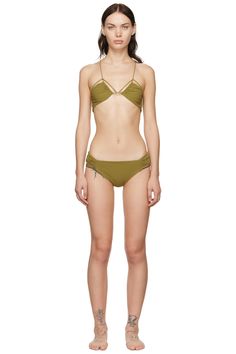 SSENSE Exclusive Khaki Bikini by Nensi Dojaka on Sale Triangle Top Swimwear With Knotted Straps For Swimming, Cross-tied Triangle Top Halter For Poolside, Strappy Tie-back Halter Top For Beachwear, Strappy Swimwear With Knotted Straps For Pool, Beachwear Halter Top With Straps, Strappy Swimwear With Knotted Straps, Fitted Strappy Swimwear With Knotted Straps, Fitted Halter Top With Tie-side Straps, Fitted Halter Top With Knotted Straps For Beach