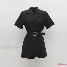 Qteee - Stylish Short Sleeve High-Waisted Belted Wide Leg Jumpsuit Dress Pants Fitted Casual Jumpsuits And Rompers With Belt Loops, Casual Fitted Jumpsuits And Rompers With Belt Loops, Casual Black Jumpsuits And Rompers For Office, Casual Black Jumpsuit For Office, Fitted Jumpsuits And Rompers With Belt For Spring, Fitted Jumpsuits With Belt For Spring, Fitted Solid Color Belted Jumpsuits And Rompers, Solid Color Belted Fitted Jumpsuits And Rompers, Fitted Belted Jumpsuits And Rompers In Solid Color