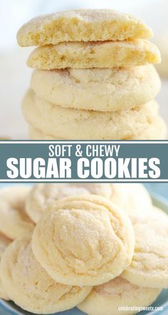 soft and chewy sugar cookies stacked on top of each other in a blue plate