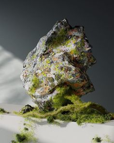 a rock with moss growing on it in the middle of a white floored area