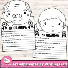 grandparents day writing craft with grandpa and grandma's face on the front, in black and white