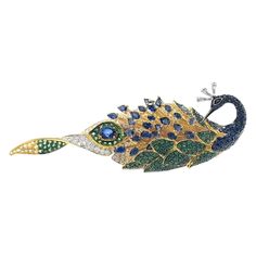 18K Gold Unheated Sapphire & Green Garnet Peacock Brooch & Pendant with Diamonds 1 Unheated Sapphire - 0.477 CT 27 Sapphires - 5.096 CT 216 Diamonds - 2.731 CT 18K Gold - 14.05 GM Crafted with meticulous artistry, this exquisite jewelry piece captivates the senses. We used untreated sapphires and green garnets & VS Grade diamonds and yellow diamonds. Each gemstone has been meticulously selected and expertly set by our skilled artisans, who have poured their passion and reverence for nature into every detail of this exceptional creation. Wear it as a symbol of your deep connection to the natural world, a tangible reminder of the beauty that surrounds us, and a treasured keepsake that will be cherished for years to come. Peacock Brooch, Gemstone Brooch, Yellow Diamonds, Green Garnet, Purple Sapphire, Fancy Diamonds, Ruby Sapphire, Brooches Handmade, Sapphire Stone