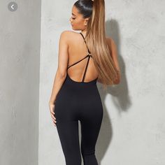 Brand New With Tags Chic Stretch Bodysuit For Workout, Stretch Backless Bodysuit For Loungewear, Chic Stretch Jumpsuits And Rompers For Workout, Stretch Backless Jumpsuits And Rompers For Loungewear, Stretch Backless Jumpsuit For Loungewear, Chic Black Jumpsuits And Rompers For Workout, Chic Black Workout Jumpsuits And Rompers, Seamless Jumpsuit, Pant Jumpsuit