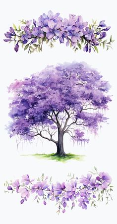 watercolor painting with purple flowers and leaves on the bottom half of it, along with an image of a tree in the middle