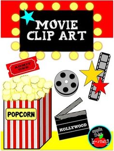 a movie clip art with popcorn, film reels and other items on the side