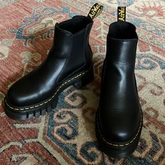 Heavy Yet Comfortable Dr.Martens Platforms Created With Air Cushion Bouncing Soles. Gently Used. Please See Pics And Feel Free To Ask Questions. Dr Martens Platform Boots, Dr Martens Platform, Shoes Dr Martens, Dr Martens Shoes, Martens Shoes, Platform Boots, Dr. Martens, Black N Yellow, Bootie Boots