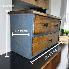 an old dresser is shown with measurements for the drawers