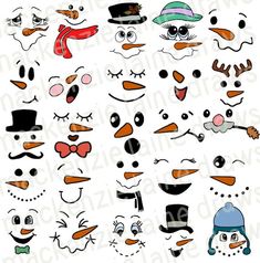 an assortment of cartoon faces with hats and scarves on their heads, all drawn in different