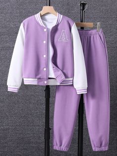 Tween Girl Letter Graphic Varsity Jacket & Sweatpants Without Tee Mauve Purple Casual  Three Quarter Length Sleeve Knitted Fabric Colorblock,Letter  Slight Stretch  Tween Girls Clothing, size features are:Bust: ,Length: ,Sleeve Length: Cotton School Sets For Fall, Purple Long Sleeve Sets For Winter, Purple Long Sleeve Sets For Fall, Angel Clothes, Celana Fashion, Baseball Fashion, Cozy Sweatpants, Cute Dress Outfits, Casual Preppy Outfits