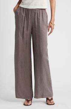 Refresh your wardrobe with streamlined, full-length wide-leg pants made with an elastic waist for comfort wherever the day takes you. Elastic waist 58% cupro, 42% viscose Machine wash, line dry Imported Bottoms Pants, Leg Pants, Wide Leg Pants, Plum, Womens Bottoms, Elastic Waist, Full Length, Top Brands, Wide Leg