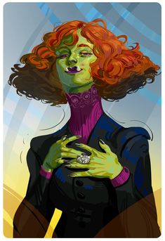 a digital painting of a woman with red hair and green skin holding a ring in her hands