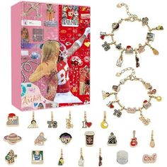 an assortment of charm bracelets and necklaces in a box with the contents displayed