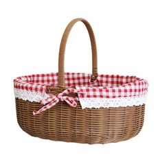 a wicker basket with a red and white checkered ribbon on the handle,