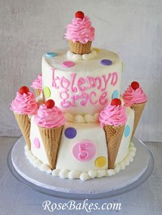 a birthday cake with ice cream cones and polka dots on the top, decorated in pink frosting