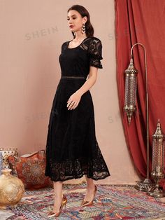 This chic and elegant dress features flounce sleeves, a feminine ruffle hem, and delicate lace details. Perfect for any occasion, this dress exudes sophistication and grace. The flounce sleeves add a touch of whimsy and the ruffle hem adds an eye-catching element. Color : Black Style : Elegant Details : Ruffle Hem, Eyelet Embroidery Type : A Line Pattern Type : Plain Sleeve Length : Short Sleeve Neckline : Scoop Neck Sleeve Type : Flounce Sleeve Hem Shaped : Flared Length : Long Fit Type : Regular Fit Fabric : Slight Stretch Material : Fabric Composition : 90% Polyamide, 10% Elastane Care Instructions : Hand wash,do not dry clean Body : Lined Sheer : Semi-Sheer Lining : 89% Polyester, 11% Elastane Size US Bicep Length Bust Cuff Hip Size Length Shoulder Sleeve Length Waist Size XS 2 16.9 34 Elegant Lace Trim Fit And Flare Dress, Elegant Fit And Flare Lace Dress With Lace Trim, Elegant Lace Midi Dress With Ruffles, Elegant Lace Dress With Ruffles, Elegant Lace Wedding Dress With Ruffle Hem, Evening Midi Lace Dress With Ruffles, Lace Midi Dress With Ruffle Hem, Feminine Lace Midi Dress With Ruffle Hem, Elegant Lace Midi Dress With Ruffle Hem