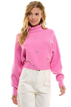 Long sleeve turtleneck sweater, featuring embellishments all over the front. Available in ivory & pink. 50% Viscose, 30% Polyester, 20% Nylon Long Sleeve Turtleneck, Turtleneck Sweater, Embellishments, Turtle Neck, Long Sleeve, Pink