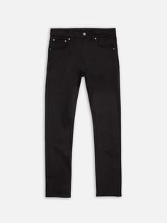 Pitch black jeans made in dry comfort stretch denim that stays black. Our Everblack fabric is made to maintain its color for as long as possible, withstanding 40, or more washes without any significant loss of color. If you are looking for a pair of pitch-black jeans that do not fade this is the way to go.    Keen on knowing what differentiates Everblack from other black denim?   Normally, when denim is dyed part of the dye will absorb in the cotton fibers while the rest remains bound only to the surface of the yarns. This is what gives denim its aging property that in many cases is sought after. However, when it comes to black jeans this is not always the case which is why we developed the Everblack denim. The technical difference between Everblack and regular black denim is that it utili Modern Black Straight Fit Jeans, Modern Black Jeans With Straight Hem, Modern Black Straight Jeans, Classic Black Jeans With Straight Hem, Modern Black Denim Jeans, Black Straight Leg Jeans With Five Pockets, Modern Black Bottoms With Five Pockets, Classic Black Jeans With Five Pockets, Black Jeans With Straight Hem