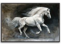 a painting of a white horse galloping through the air with its hair blowing in the wind