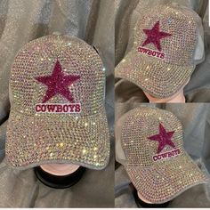 three images of the cowboy hat with sequins and stars on it, all in different colors