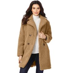 This coat is ultra-soft and plush, with a curly textured fabric that makes it so huggable. The notch collar, double-breasted button front and side pockets add functional and fashionable detail. A cozy update to a classic silhouette, this is the coat you'll wear all season long. Teddy Bear Coat, Turtle Neck Crop Top, Coat For Women, Cocoa Brown, Plus Size Coats, Teddy Coat, Notch Collar, Brown Coat, Swimsuits For All