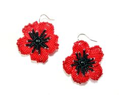 Poppy earrings can be a perfect gift for an elegant and unique lady who loves flowers.  Want to tell her how special she is? Present her poppy earrings - these flowers will never die! Awesome gift for your wife in anniversary day. Adorable birthday gift for your mom or grandma. MATERIALS: Poppy earrings are made of red and black Toho seed beads and silver color fishhook ear wires. MEASUREMENTS: Size of flower 1.5inches (3,8cm). Please use the drop down menu to select your preference: * Stainless Poppy Earrings, Remembrance Poppy, Seed Bead Flowers, Diamond Shape Earrings, August Birthday, Beaded Leaf, Earrings Beaded, Leaf Jewelry, Earrings Red