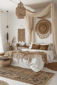 a bedroom with white walls and neutral decor