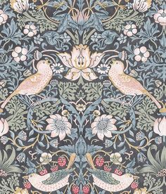 an intricately designed wallpaper with birds and flowers