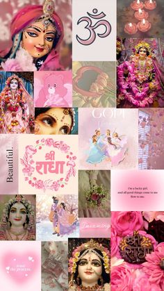 many different pictures with pink flowers in the middle and one woman's face on top