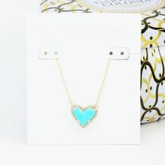 Kendra Scott Ari Heart Turquoise Gold Color Necklace 14 K Gold Plated Over Brass 0.49” L X 0.57” W Pendant 15” L Chain + 2 “ L Extender Lobster Clasp Closure Brand New & Cardholder & Dust Bag Elegant Turquoise Heart Necklace For Gift, Elegant Heart-shaped Turquoise Necklace, Turquoise Necklace With Heart Beads For Gifts, Turquoise Necklaces With Heart Beads For Gift, Turquoise Necklaces With Heart Beads As Gift, Heart-shaped Turquoise Necklace As Gift, Turquoise Necklace With Heart Beads As Gift, Turquoise Heart Necklace For Valentine's Day, Turquoise Heart Beads Necklace As Gift