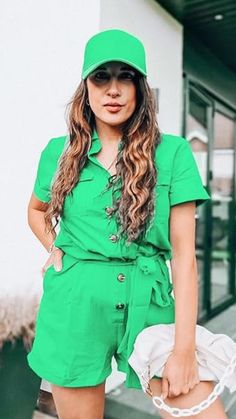 Rompers & Jumpsuits // Show off your gorgeous style wearing this green short sleeves button down belted romper. Green Shorts, Latest Fashion Trends