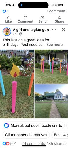 Pool Noodle Candles For Yard, Birthday Porch Decorations, Birthday Party Signs Diy Entrance, Powerwheels Makeover Jeep, Noodle Birthday Party, Front Yard Birthday Decorations, Pool Noodle Birthday Candles, Birthday Yard Decorations, Pool Noodle Candles