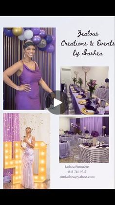 a woman standing next to a table with purple and white decorations