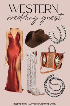 a woman in a red dress, cowboy hat and boots with the words western wedding guest