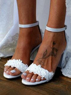 Lasaky - Stylish Open Toe White PU Leather Bridal Sandals with Embroidered Details - Perfect for Wedding Lace Bridal Shoes, Wedding Shoes Pumps, White Bridal Shoes, White Wedding Shoes, Floral Heels, Bridal Sandals, Bridal Heels, Womens Sandals Summer, Wedding Sandals