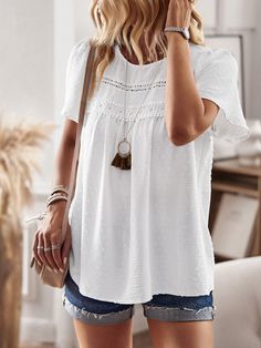 Get ready to flirt and play in the Ventura Lace Trim Short Sleeve Top! This flirty white top features delicate lace trim and a comfortable short sleeve design. Perfect for a sunny day out or a casual date night. (Playful, flirty, and perfect for any occasion) Size Guide: Model is 5’6” tall, and has a 33.2” bust, 26.4” waist, & 35.2” hips. She is wearing a S / US 4 / AU 8. This top is true to size. Material: 100% Polyester. Feature: Crew neckline. Short sleeves. Breathable lightweight fabrication. Not lined. Relaxed fit. Care Instructions: Machine wash / Cold hand wash Athleisure Jumpsuit, Winter Fashion Jackets, Casual Date Night, Sequin Jumpsuit, Long Bodycon Dress, Casual Date, Jumpsuit Shorts Rompers, Short Mini Dress, Long Sleeve Bodycon Dress