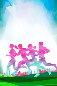 the silhouettes of runners are running in front of an abstract cityscape background