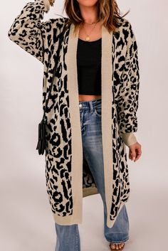 Leopard Pattern Knit Casual Long Cardigan Animal Print Cardigan Outfit, Print Cardigan Outfit, Animal Print Cardigan, Knit Long Cardigan, Wild Leopard, Chic Cardigan, Leopard Print Cardigan, Longline Cardigan, Brown Leopard